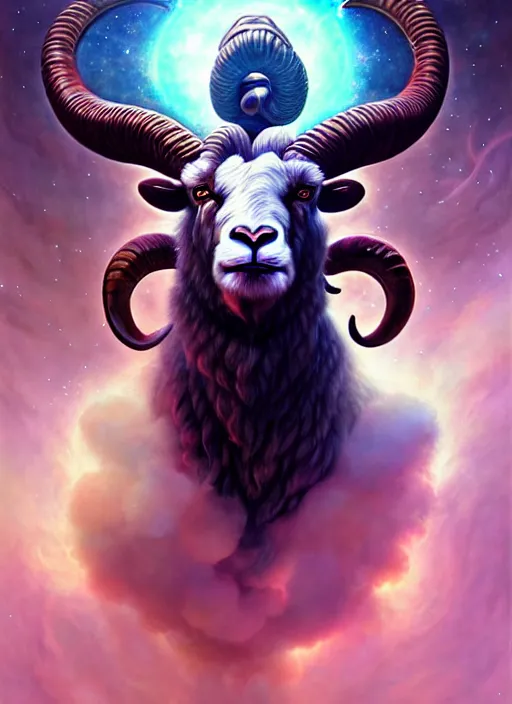 Image similar to aries the ram!!!! highly detailed, high contrast, light reflection, trippy, nebula, trending on art station by artgem, by peter mohrbacher, by wlop, by ruan jia