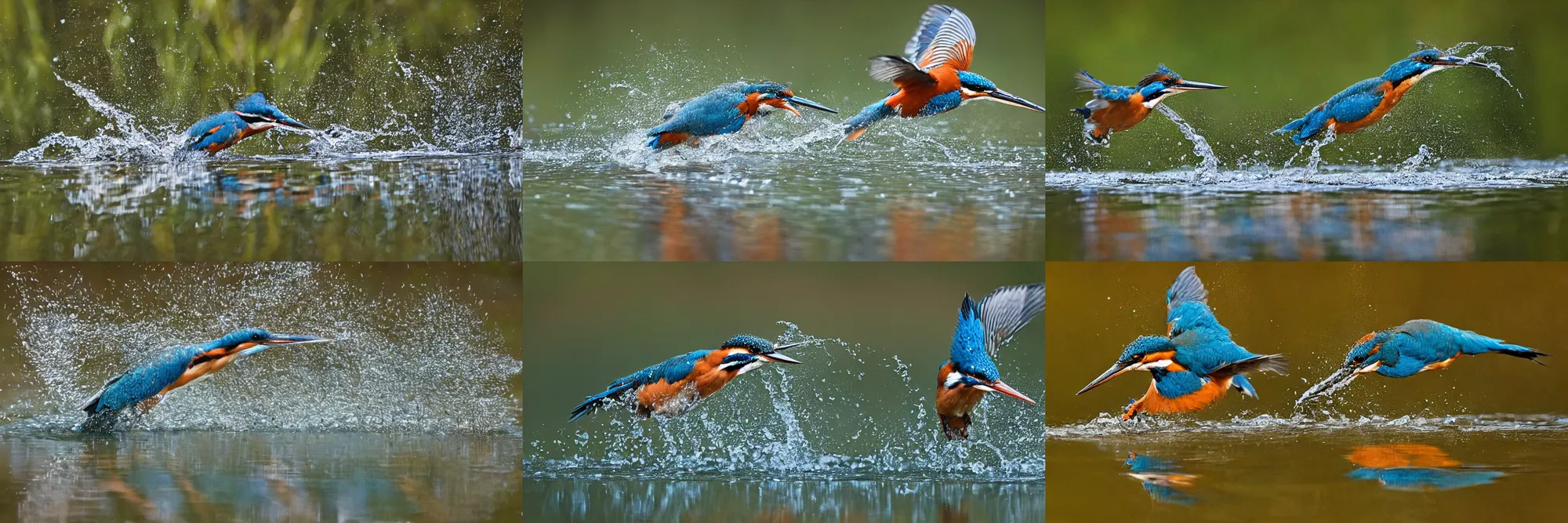 Prompt: an award winning national geographic photograph of a kingfisher diving into a pond