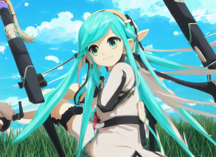 Image similar to hatsune miku in breath of the wild. ; weekly shonen jump issue 1 4, cover, 2 0 0 0 clannad shuffle toheart event'anime pattern of illustration japanese very very beautiful cute girls doing cute things trending on artstation pixiv makoto shinkai smiling super heterochromia detailed eyes eyebrowless symmetry face visual novel hairpin star