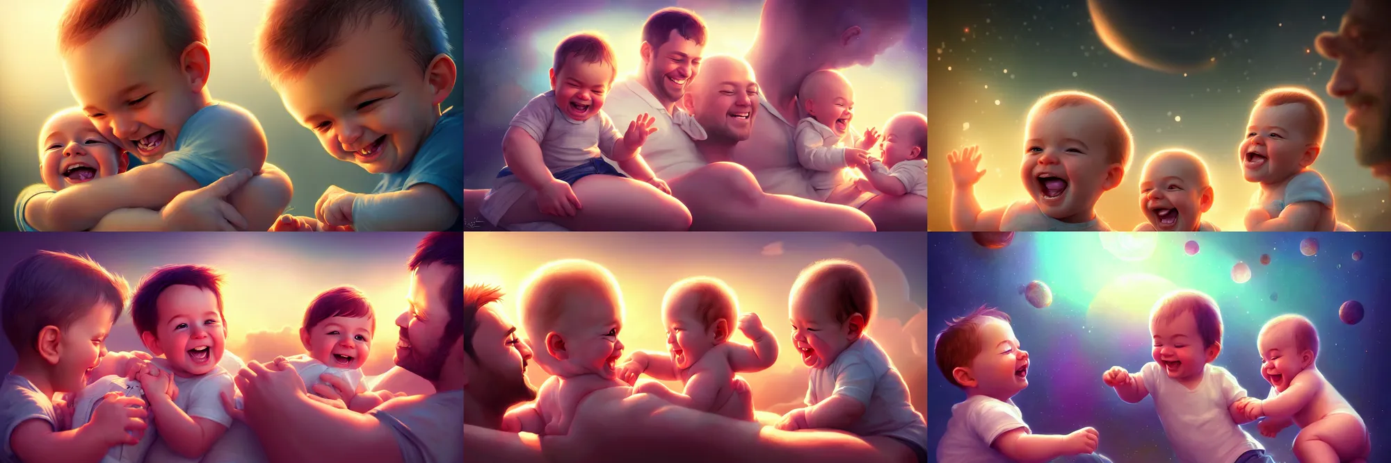 Image similar to epic professional digital art of a happy baby boy with his two fathers, best on artstation, cgsociety, wlop, cosmic, epic, stunning, gorgeous, much detail, much wow, masterpiece, backlight