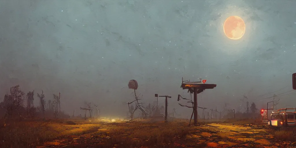 Prompt: abandoned civilisation at full moon night, landscape painted by simon stalenhag