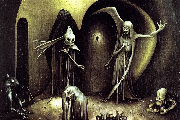 Prompt: fallen angel begs to enter the gates of hell by les edwards and hieronymus bosch