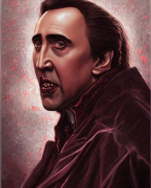 Image similar to nicolas cage as dracula, highly detailed, centered, artstation, concept art, smooth, sharp focus, illustration, bokeh art by artgerm and donato giancola and joseph christian leyendecker