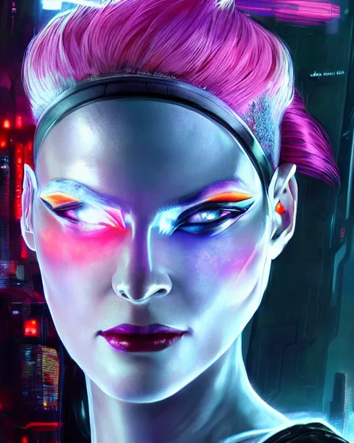 Prompt: a stunning portrait of a cyberpunk queen. she has short neon colored hair and blue eyes. she's a cyberpunk 2 0 7 7 character. digital art by frank frazetta and julie bell, medium shot portrait, highly detailed, trending on artstationhq
