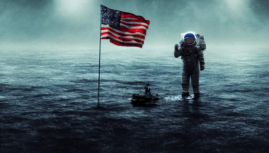 Image similar to astronaut holding a flag in an underwater desert. a submarine is visible in the distance. dark, concept art, cinematic, dramatic, atmospheric, 8 k, trending on artstation, blue, fish, low visibility, fog, ocean floor, christopher nolan, interstellar