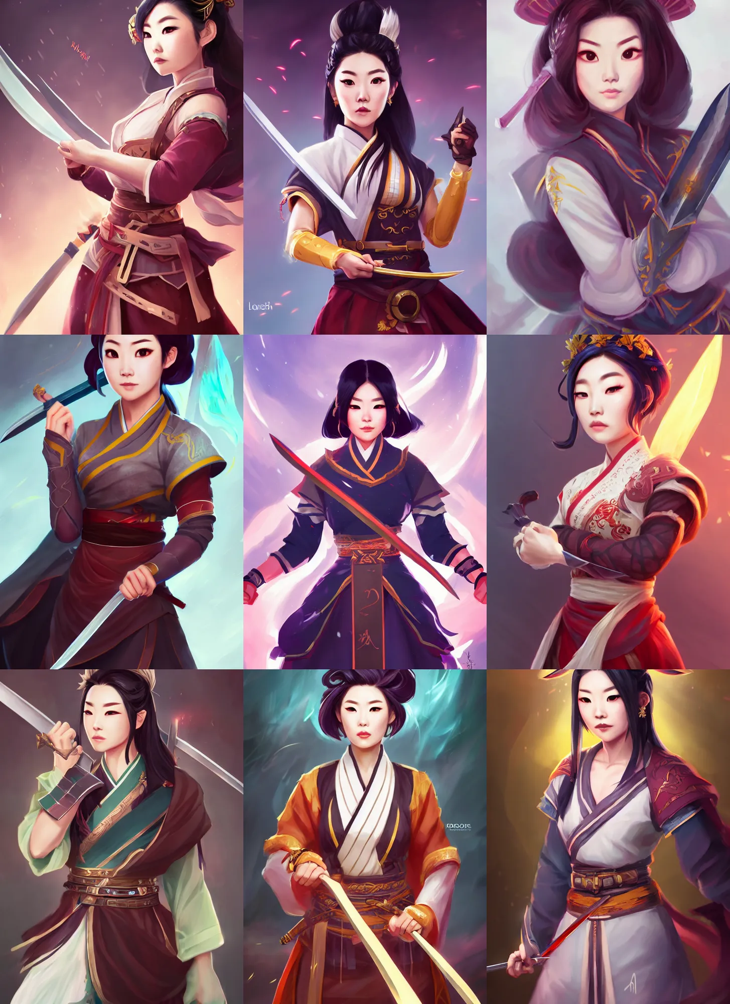 Prompt: a portrait of beautiful arden cho chef character with a radiant sword in a fighting stance by ross tran and loish, sharp focus, detailed, cinematic, hanbok apron, 4 k, symmetrical face