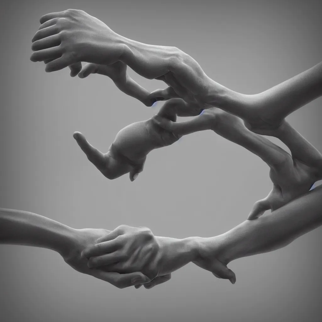 Image similar to black and white light 3D geometry, long hands reaching out for each other, matte bright highly detailed, epic, 3D render, digital art, octane render, 8K artistic photography, photo-realistic, by Hiroya Oku