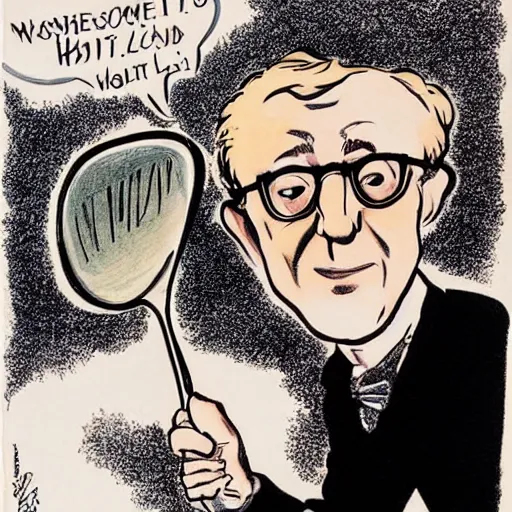 Prompt: woody allen kissing a large spoon, caricature, mad magazine, by mort drucker