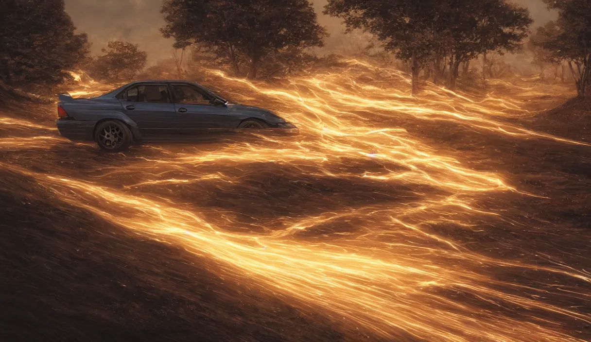 Image similar to detailed intricate digital landscape illustration by greg rutkowski and artgerm and wlop and sanford robinson gifford ; 1 9 9 4 subaru wrx sti driving in a beautiful windy city with long exposure light streaks ; 1 3 mm film, arri alfa anamorphic lens ; sharp focus, golden hour lighting, trending on artstation 4 k