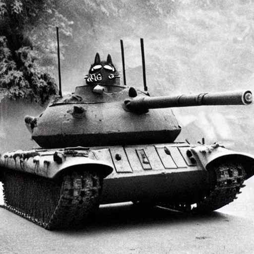 Prompt: totoro as a tank driving through kyoto in ww2, black and white war photography