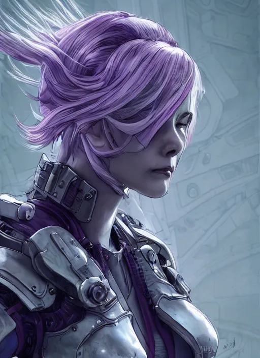 Prompt: close up portrait of a pale woman in sci - fi power armor with purple hair, powerful, domineering, stoic, masterful, eyepatch, intense, ultrafine hyperdetailed illustration by kim jung gi, irakli nadar, intricate linework, sharp focus, octopath traveler, yoji shinkawa, highly rendered, detailed, concept art