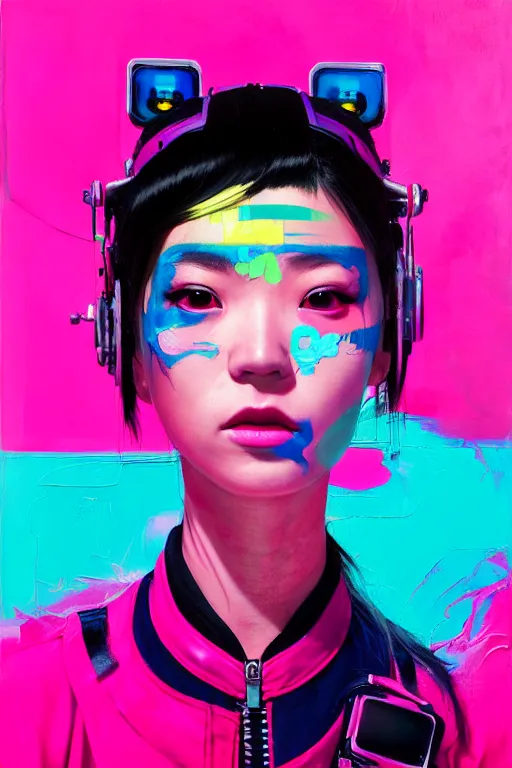 Prompt: portrait of a stylized japanese cyberpunk girl, wearing a bomber jacket, painted in acrylic, pigment textures, in the colors hot pink and cyan, beautiful realistic face, rule of thirds, spotlight, by greg rutkowski, by jeremy mann, by francoise nielly, by van gogh, by ross tran, in focus