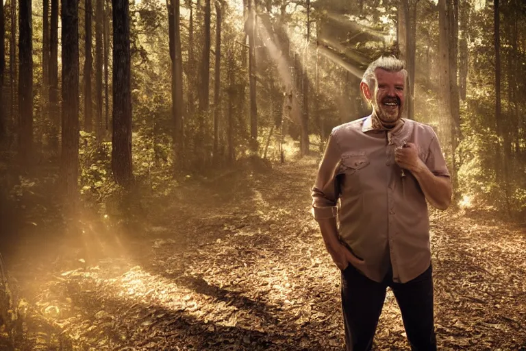 Prompt: a cinematic portrait of a middle aged man with golden teeth, forest background, wearing a white rugged shirt, dramatic lighting, back light, hair light, rim light, 4 k, ultra realistic, by clemens ascher