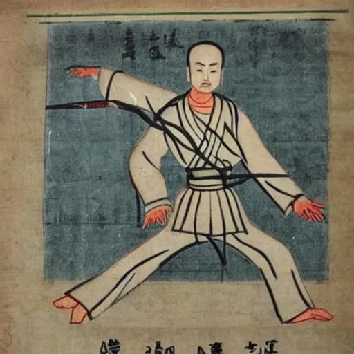 Prompt: yi jin jing posture in huang di nei jing chinese medical kung fu diagram, old manuscript, ancient information, many kung fu illustrations