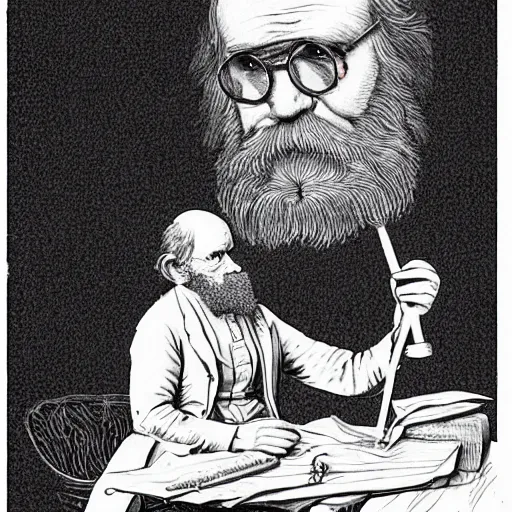 Prompt: Charles Darwin snorting lines of the universe in an art studio, drawing in the style of escher