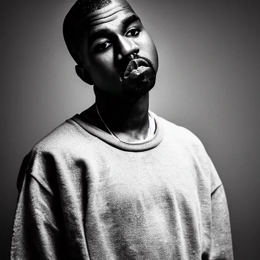 Image similar to the face of young kanye west wearing yeezy clothing at 2 0 years old, black and white portrait by julia cameron, chiaroscuro lighting, shallow depth of field, 8 0 mm, f 1. 8