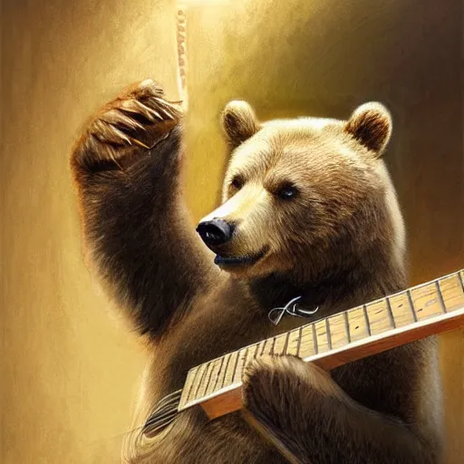 Image similar to realistic bear holding a wooden triangle combined with guitar sound hole and guitar neck, highly detailed, digital painting, artstation, concept art, smooth, sharp focus, illustration, cinematic lighting, art by artgerm and greg rutkowski and alphonse mucha