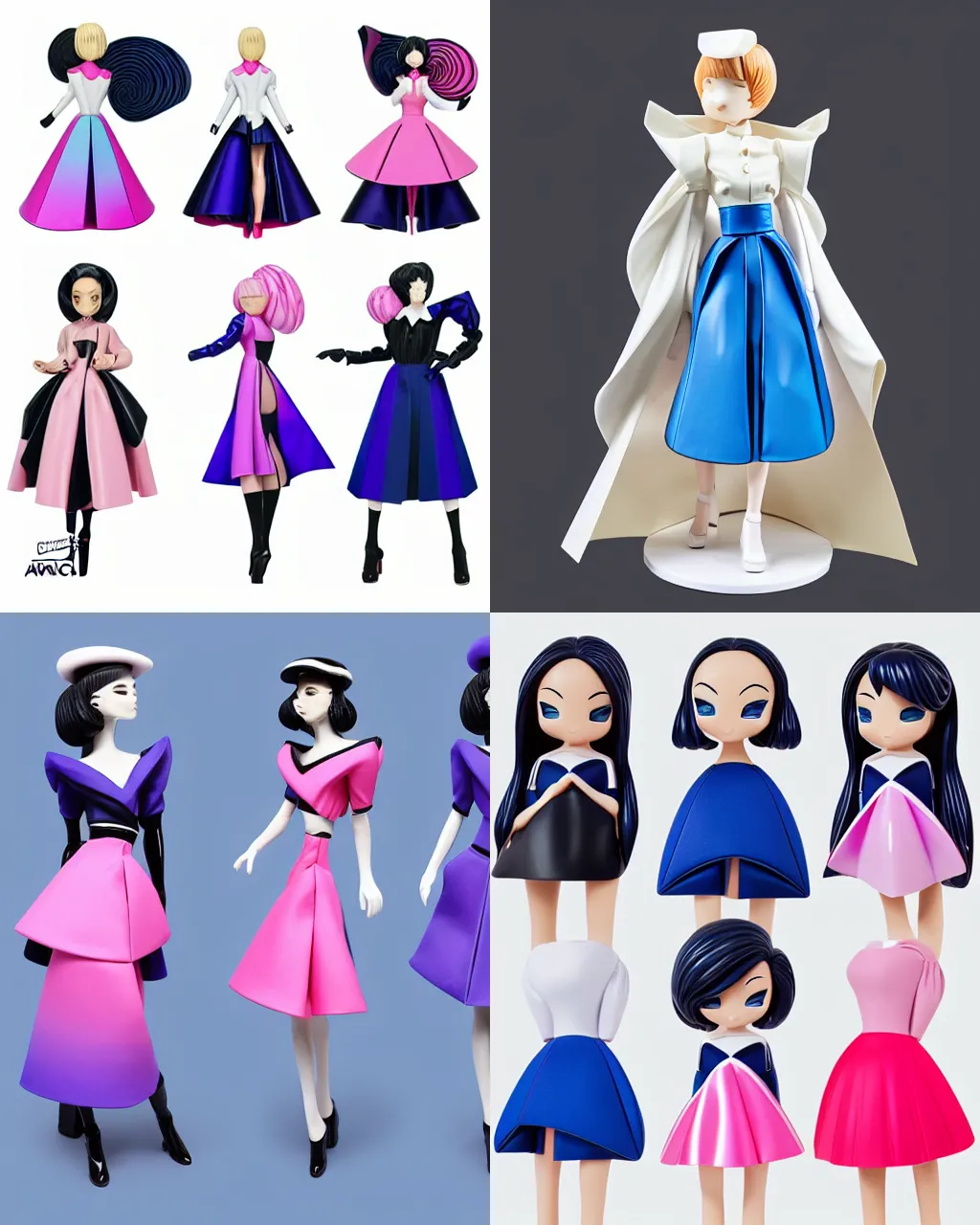 Prompt: designer vinyl figure collection ball shaped accordion sleeve haute couture, sailor uniform, midi skirt, coat, synthetic curves striking pose, dynamic folds, cute pockets, volume flutter, youthful, modeled by modern designer bust, anime stylized, body fit, award fashion, picton blue, petal pink gradient scheme, holographic tones, expert composition, professional retouch, editorial photography