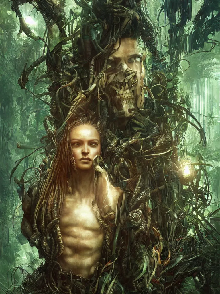 Image similar to a hyperrealistic cyberpunk portrait of a gorgeous man in the movie Predator, in a teeaming jungle with fractal sunlight, award-winning, masterpiece, in the style of Tom Bagshaw, Cedric Peyravernay, Peter Mohrbacher