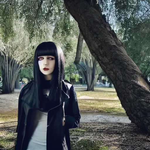 Image similar to 1 7 - year - old pale - skinned persian girl with black long bob cut, long bangs, black gothic jacket, black jeans, psychic girl, standing under treehouse in city plaza, urban plaza, treehouse hotel, large tree, ultra - realistic, sharp details, subsurface scattering, blue sunshine, intricate details, hd anime, 2 0 1 9 anime