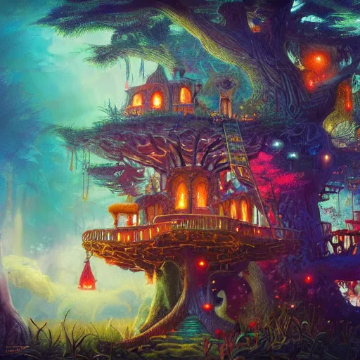 Prompt: detailed concept colorful fantasy painting of a transcendental treehouse, artwork by Paul Lehr and Lexander Jansson, framed focus, cinematic lighting, hyperdetailed, 8k, high resolution, insanely detailed and intricate, octane render