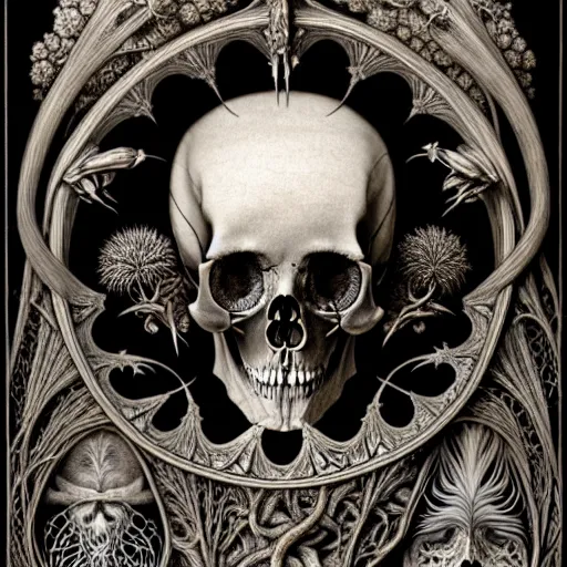 Image similar to art forms of nature by ernst haeckel, memento mori by arthur rackham, ornate antique porcelain beautiful skull mask, ultrasharp, photorealistic, hyperdetailed, octane render, polished, art nouveau, neo - gothic, gothic, intricate ornamental organic filigree, art nouveau botanicals, art forms of nature by ernst haeckel, horizontal symmetry, symbolist, visionary