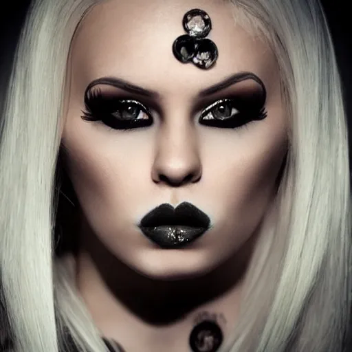 Image similar to modeling photograph bikini kerli koiv, blonde, beautiful, dark, mysterious, bubble goth, detailed symmetrical face, half body shot, fog dramatic