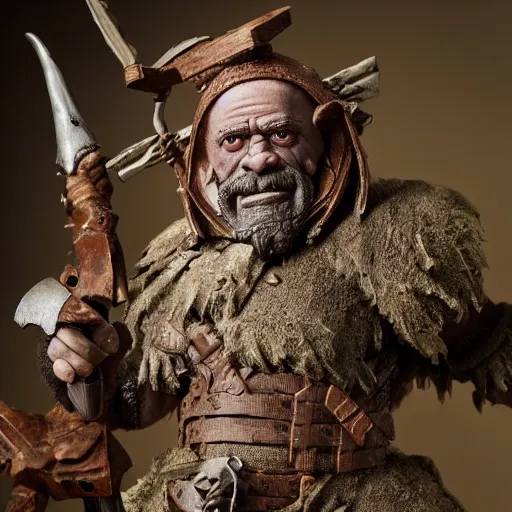 Image similar to high - res photograph of a claymation sculpture warrior dwarf, highly detailed sculpey diorama, by erwin olaf, smooth, sharp foccus, commercial photography, fashion shoot