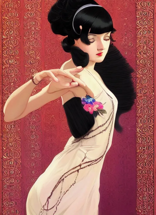 Image similar to a beautiful dancer with black hair in 1920's fashion, living room background, intricate, highly detailed, digital painting, artstation, official media, anime key visual, concept art, rich vivid colors, ambient lighting, sharp focus, illustration, art by Artgerm, Makoto Shinkai, Ilya Kuvshinov, Lois Van Baarle, and Rossdraws