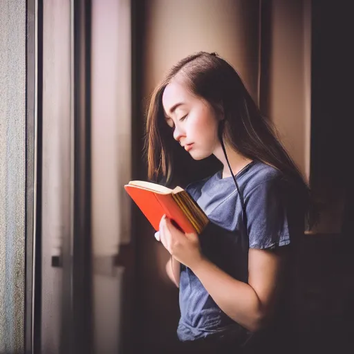 Image similar to a girl reading a book, modelsociety, radiant skin, huge anime eyes, RTX on, perfect face, intricate, Sony a7R IV, symmetric balance, polarizing filter, Photolab, Lightroom, 4K, Dolby Vision, Photography Award