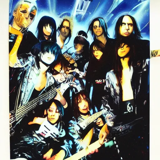 Image similar to john berkey painting of an anime metal band photo, direct flash photography at night, film grain