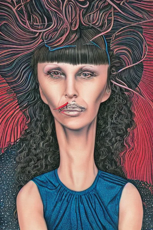 Image similar to Portrait of a woman with bangs in style of 80s surrealism art, hyper-detailed