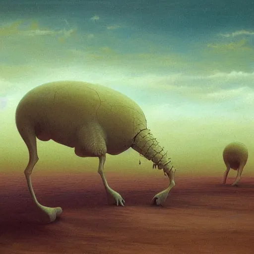 Prompt: a hyperrealistic painting of creatures emerging from the sand in a vast desert, blue skies, swirling clouds, by john kenn mortensen and zdzislaw beksinski, highly detailed, vivid color,