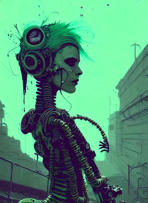 Image similar to highly detailed portrait of an moody wasteland punk long dripping green poison hair tribal lady, stray wiring by atey ghailan, james gilleard, by joe fenton, by greg rutkowski, by greg tocchini, by kaethe butcher, 4 k resolution, gradient purple, brown black and white color scheme!!! ( ( green flaming robotic sewer background ) )