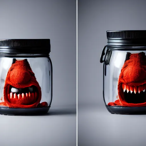 Image similar to Evil monster in a jar, product photography, centered, studio lightning