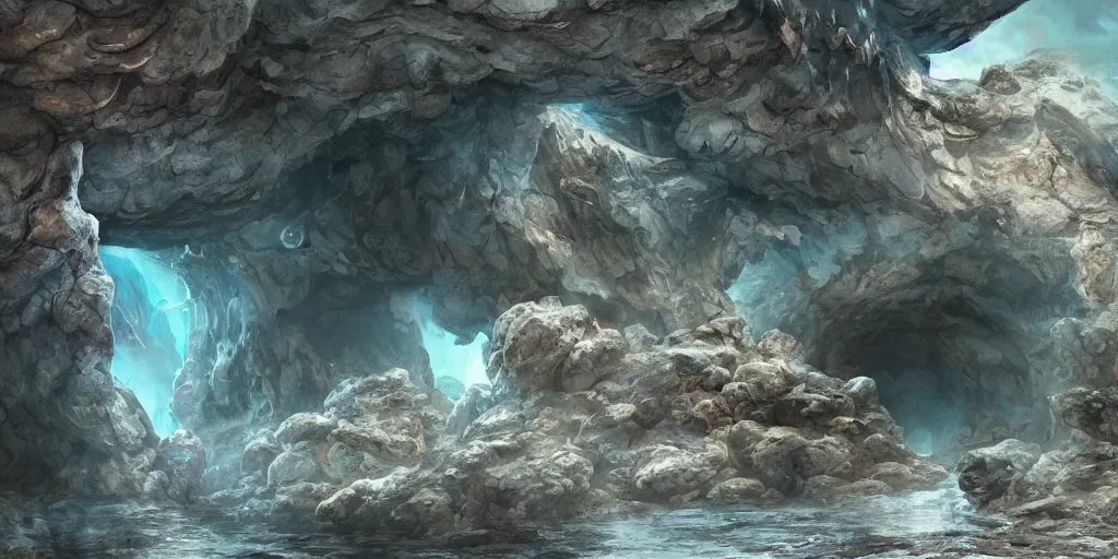 Image similar to an alien cave with swirling rock formations, 3d matte painting, concept art, highly detailed, photorealistic