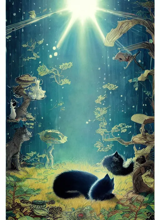 Image similar to a hyper realistic ink cat and the meaning of life and sunbeams blue sky, lush forest poster art by chiara bautista and kim jung giu and norman rockwell and greg rutkowski weta studio, and lucasfilm