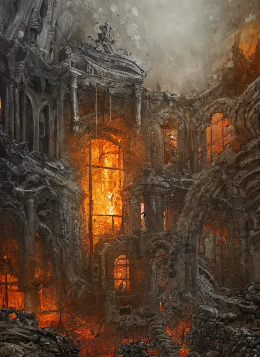 Image similar to ruins in hell, oil painting by tomasz jedruszek, cinematic lighting, pen and ink, intricate line, hd, 4 k, million of likes, trending on artstation