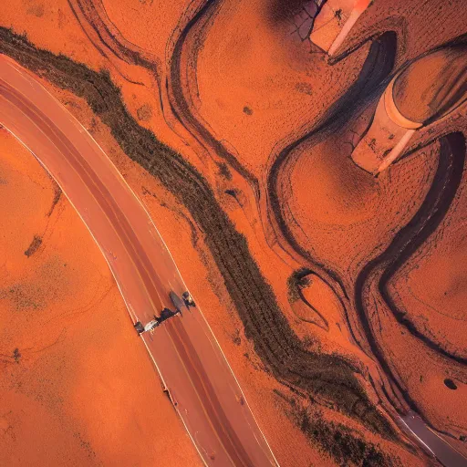 Prompt: An astronaut riding a cyborg pegasus with a large wingspan that's flying above a martian canyon at dusk, drone photography