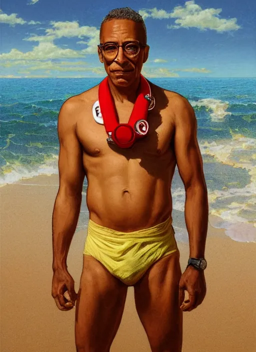 Prompt: portrait Gus Fring as sea lifeguard on the beach, full length shot, shining, 8k highly detailed, sharp focus, illustration, art by artgerm, mucha, bouguereau