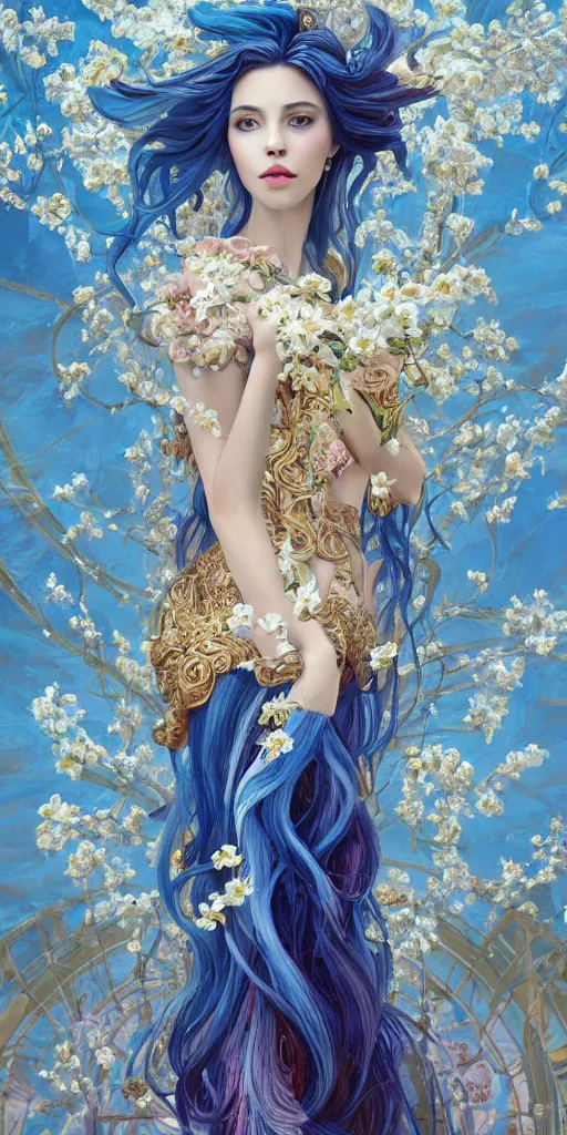 Image similar to breathtaking detailed painting by pilyeon and teffish on artstation, a full shot queen with long flowing bright blue hair, gauze dress and pastel flowers petals and golden tumultuous clouds, symmetrical facial features, at dawn in front of a pristine golden art nouveau cathedral, elegant, highly detailed, artstation, concept art, matte, sharp focus,