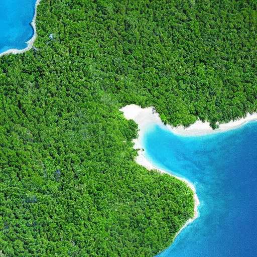 Image similar to satellite view of a large island covered in many lush, green, trees, with a few mountains, surrounded by beach fronts and shallow blue water, award winning satellite photography