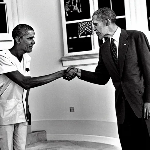 Image similar to 35mm photograph of Dr Manhattan shaking hands with Obama