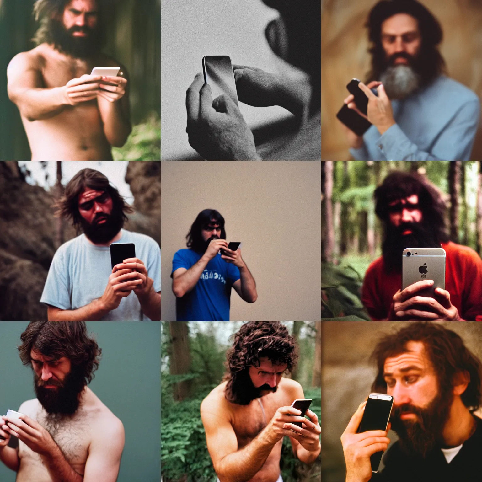 Prompt: cinestill of a confused caveman inspecting an iphone, 5 0 mm f 1. 8