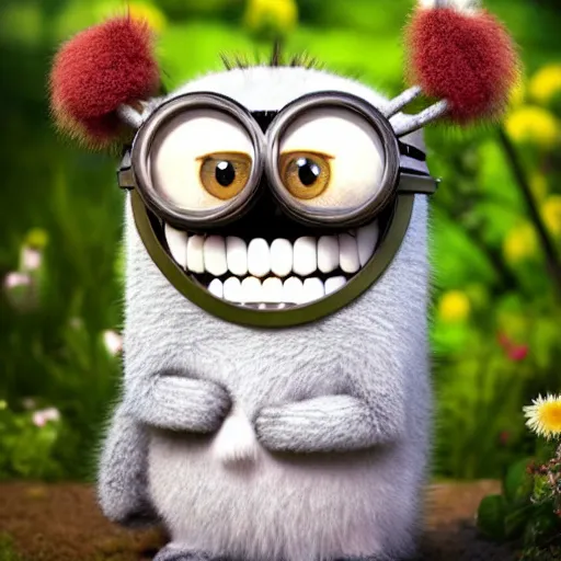 Prompt: cute cross eyed furry monster minion in the garden by rosie hardy