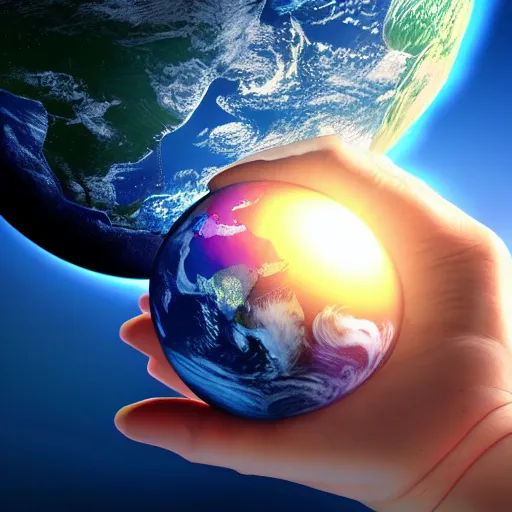 Image similar to a hand holding planet earth,dramatic,octane render,unreal engine,rtx 3090,highly detailed,photorealistic,professional lighting,digital art