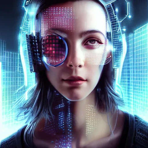 Image similar to portrait of a cyberpunk girl with a vector grid of light falling on her face, sci-fi, intricate lighting, elegant female, highly detailed, digital painting, studio portrait, artstation, sharp focus, photo by artgerm and greg rutkowski and Charlie Bowater, subsurface scattering