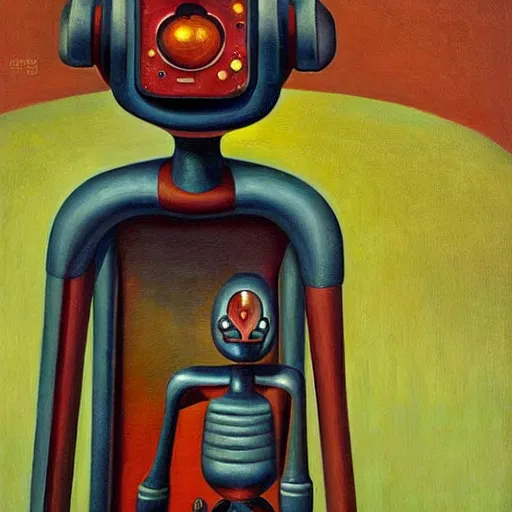 Prompt: biomorphic robot with kind eyes portrait, lowbrow, pj crook, grant wood, edward hopper, oil on canvas