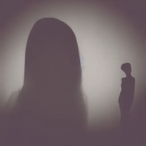 Image similar to A selfie of a woman in a dark room, with a spooky filter applied, with a figure in the background, in a Halloween style.