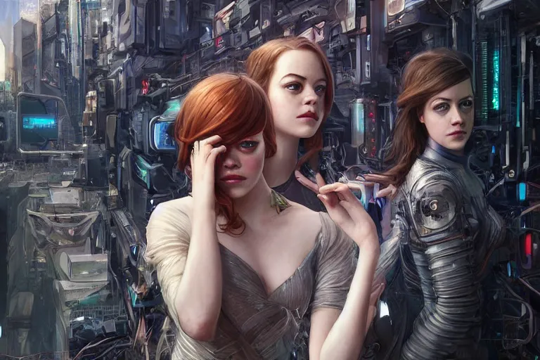 Prompt: Ultra realistic illustration, two Emma Stone and Emma Watson seducing a robot, cyberpunk, sci-fi, fantasy, intricate, elegant, highly detailed, digital painting, artstation, concept art, smooth, sharp focus, illustration, art by artgerm and greg rutkowski and alphonse mucha